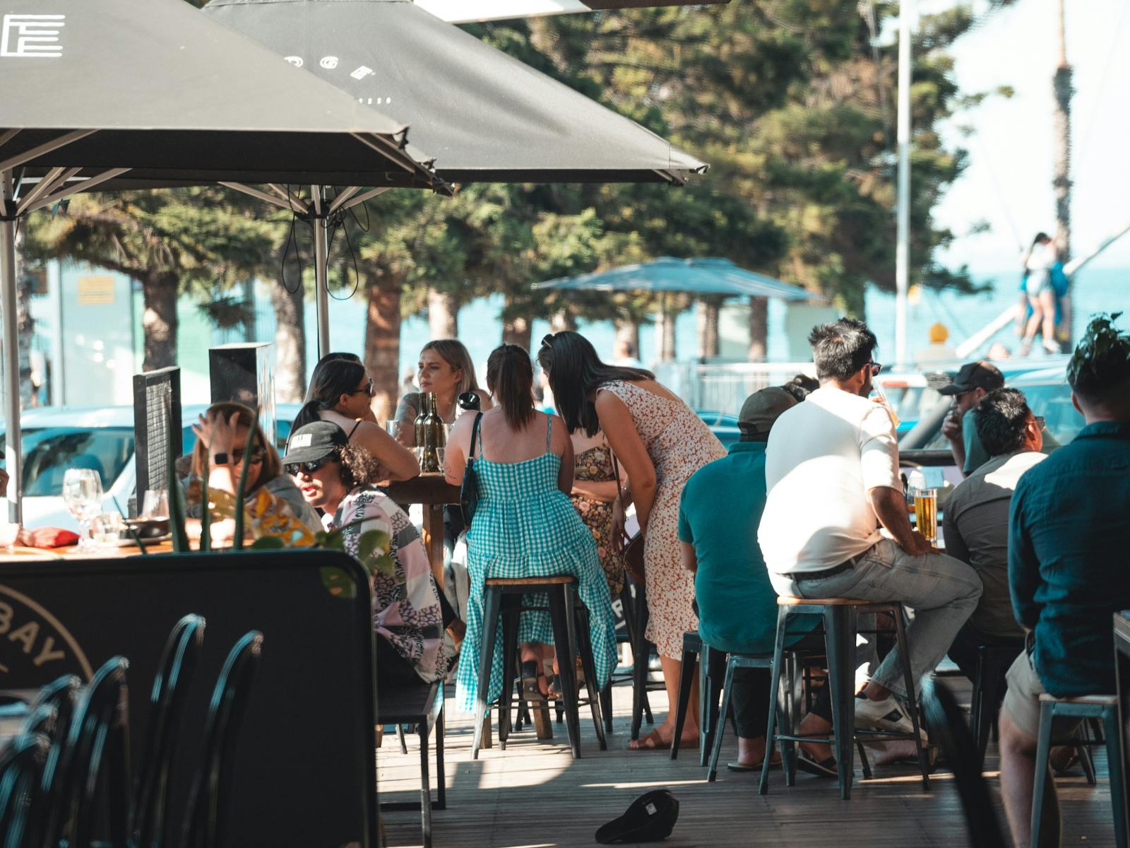 The al fresco dining at Edge Geelong, overlooking Corio Bay and Geelong Waterfront.