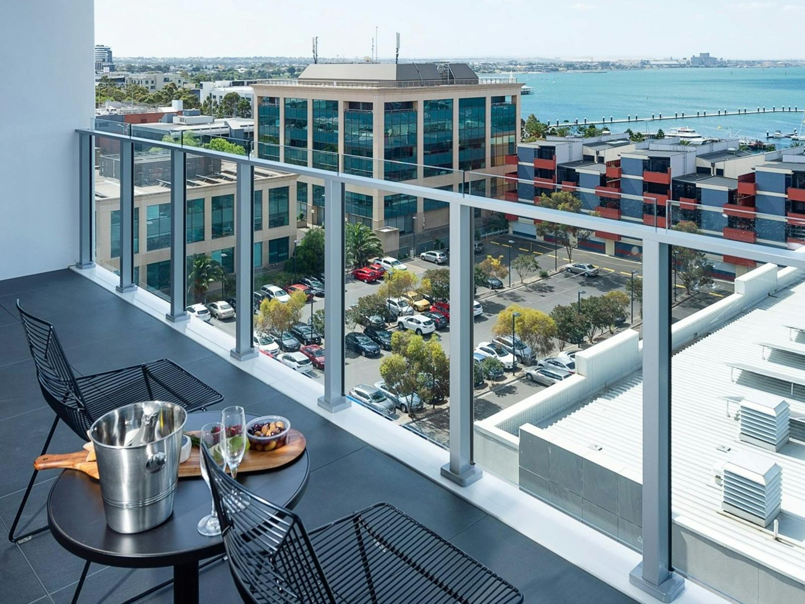 The balcony at R Hotel overlooking the waterfront.