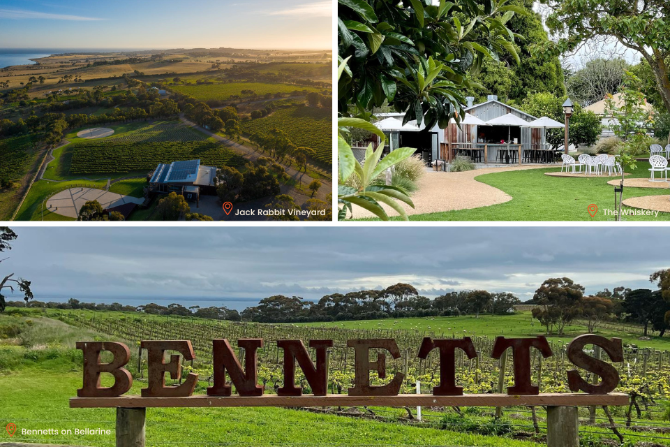collage image of areal view at Jack Rabbit, The front of The Whiskery and Bennetts on Bellarine sign