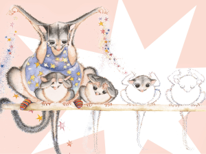 Illustration of Mother possum with baby possums
